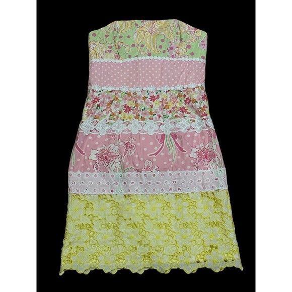 Lilly Pulitzer Delightful Dress Strapless Floral Lace Pink Yellow Polka Dot Sz 4 - Picture 4 of 4